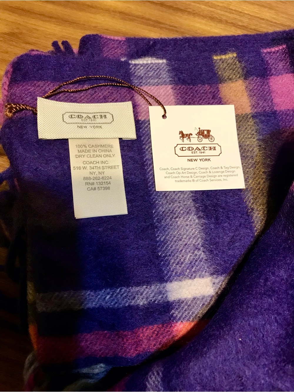 Coach Black Violet 100% Cashmere Scarf NWT In Bag 70”L X 12”W $178 MSRP - Picture 6 of 7
